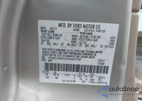 2012 Ford Escape Xlt z USA, uszkodzony, nr VIN 1FMCU0D7XCKA01797